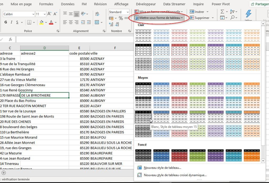 mettre sous forme de tableau dans excel