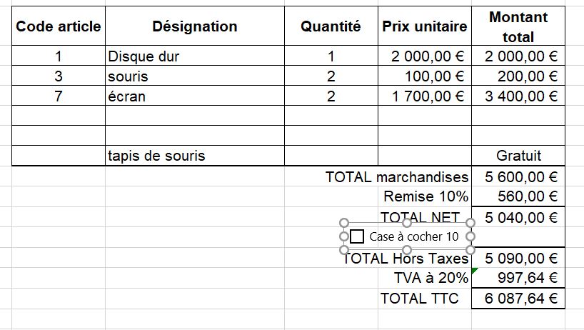 insérer une case à cocher dans une facture