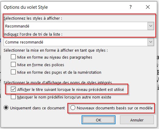 définir des options pour la barre de styles